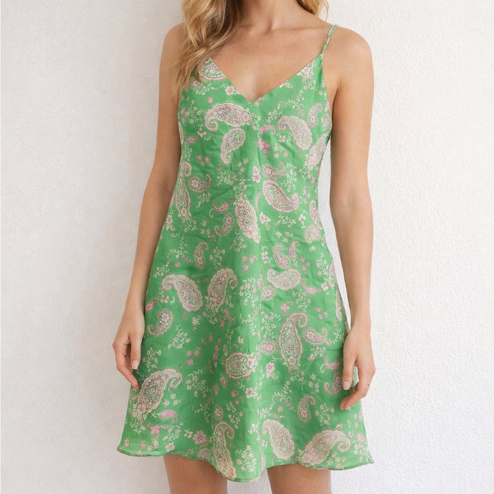 Dress Forum Los Angeles Green Paisley Slip Dress Size M Boho Mini Summer Dress
